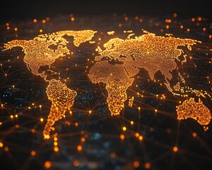 Poster - A creative 3D illustration of a glowing digital world map contour, with connected lines and nodes symbolizing big data and internet technologies on a dark background