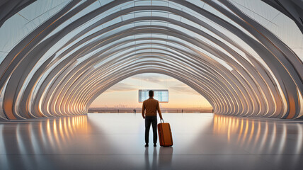 Poster - futuristic airport terminal with adaptive waiting zones and traveler