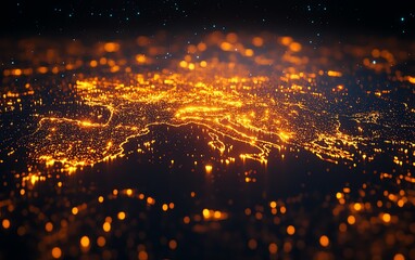Poster - A dynamic 3D rendering of a digital world map with illuminated lights, symbolizing global connection and network concept on a dark background