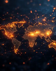 Poster - A dynamic 3D rendering of a digital world map with illuminated lights, symbolizing global connection and network concept on a dark background