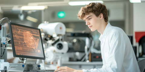 Poster - young engineer analyzing data on computer in modern lab environment