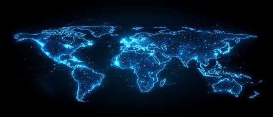 Poster - A futuristic 3D rendering of a glowing digital world map contour, symbolizing big data and internet technologies, set against a dark background