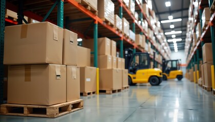 Poster - Warehouse interior shows high shelves loaded with cartons. Pallets hold packages. Forklifts visible inside. Goods stacked. Industrial setting displays commercial merchandise storage, logistics. Items