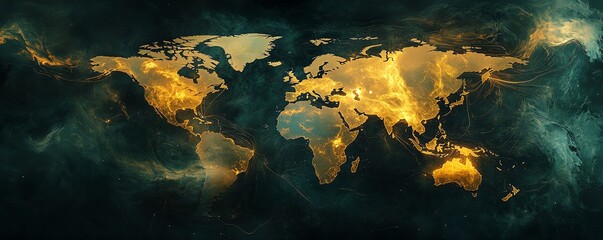 Poster - A futuristic 3D visualization of a digital world map with glowing connections and lights, representing global networking on a dark techinspired backdrop