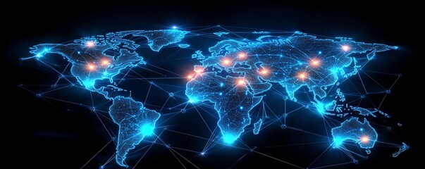 Poster - A futuristic 3D visualization of a digital world map with glowing connections and lights, representing global networking on a dark techinspired backdrop