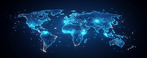 Poster - A futuristic 3D visualization of a digital world map with glowing connections and lights, representing global networking on a dark techinspired backdrop