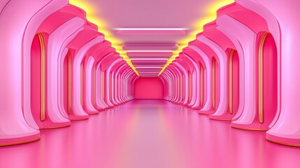 Poster - Vibrant Pink Futuristic Hallway with LED Lighting and Sleek Architectural Design