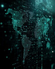 Poster - A hightech 3D design of a glowing digital world map contour, highlighting big data and internet technologies, set against a deep black background for dramatic effect