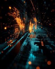 Poster - A hightech 3D design of a glowing digital world map contour, highlighting big data and internet technologies, set against a deep black background for dramatic effect