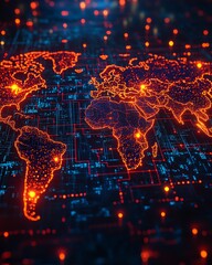 Poster - a modern 3d rendering of a digital world map with glowing contours, representing big data and intern