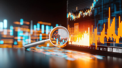 Poster - Stylized magnifying glass over digital stock market graph