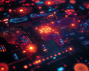Poster - A striking 3D design of a digital world map with radiant lights, highlighting global connection and network systems, set against a dark, techinspired backdrop