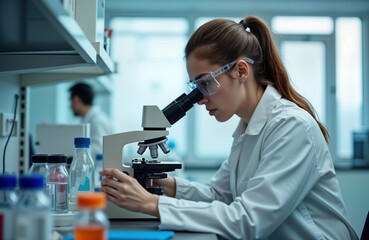 Poster - Female scientist intently examines microscope in modern lab. Focused on medical study. Lab equipment, containers visible. Potential scene of drug discovery, biotech research, genetic research.