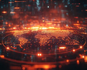 Poster - A striking 3D design of a digital world map with radiant lights, highlighting global connection and network systems, set against a dark, techinspired backdrop