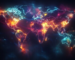 Poster - A vibrant 3D rendering of a digital world map contour glowing in neon colors, illustrating the concept of big data and internet technologies on a dark background