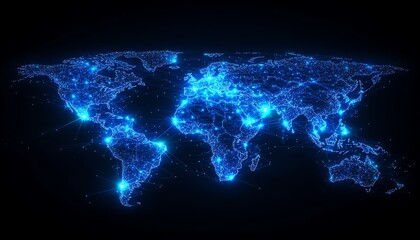 Poster - A vibrant 3D rendering of a digital world map contour glowing in neon colors, illustrating the concept of big data and internet technologies on a dark background