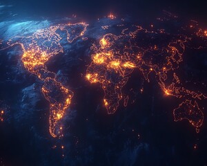 Poster - A vibrant 3D rendering of a digital world map contour glowing in neon colors, illustrating the concept of big data and internet technologies on a dark background