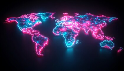 Poster - A vibrant 3D rendering of a digital world map contour glowing in neon colors, illustrating the concept of big data and internet technologies on a dark background