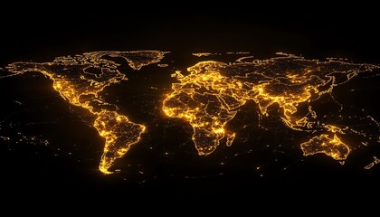 Poster - A vibrant 3D rendering of a digital world map contour glowing in neon colors, illustrating the concept of big data and internet technologies on a dark background