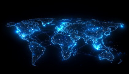 Poster - A vibrant 3D rendering of a digital world map contour glowing in neon colors, illustrating the concept of big data and internet technologies on a dark background