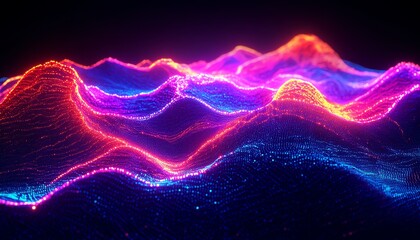 Poster - A vibrant 3D rendering of a digital world map contour glowing in neon colors, illustrating the concept of big data and internet technologies on a dark background
