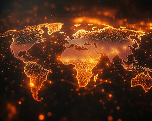 Poster - An impactful 3D visualization of a digital world map with glowing lights and network lines, symbolizing global connectivity on a dark technological background