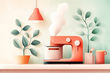 Wall Mural - A minimalist flat design of an iron with clean lines and soft steam rising, set against a pastel background