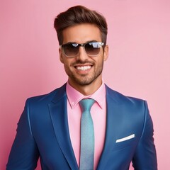 Wall Mural - handsome caucasian businessman in suit with sunglasses smiling at camera portrait