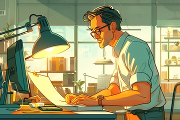 Poster - Man works at desk in sunlit office.
