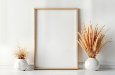 Leinwandbilder - Empty light wooden frame on white wall. Dry pampas grass in white vase. Minimalist style home decor. Blank space for artwork photo. Modern template. Interior design mockup. Stylish, simple
