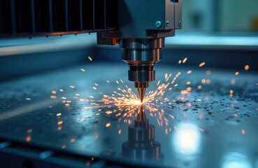 Poster - Automatic laser cutting machine cuts metal. Sparks fly. Industrial tech. High-precision metalworking process. Automated manufacturing. Modern factory. Production line. Precise cuts. Powerful
