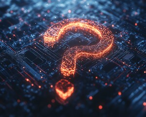 Poster - A futuristic 3D visualization of a question mark symbol made of interconnected lines and nodes, representing the concept of knowledge and answers in a digital network