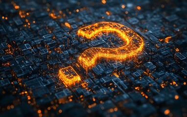 Poster - A hightech 3D rendering of a question mark network, with illuminated nodes and dynamic digital connections, showcasing the intersection of curiosity and technology