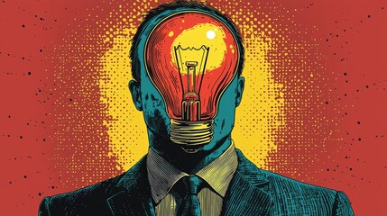 Aufkleber - bold pop art illustration showcases man dressed stylish suit large vibrant light bulb head. artwork uses dynamic colors and patterns emphasizing lively creativity.