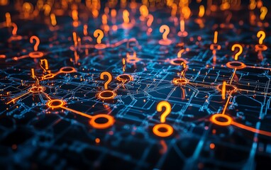 Poster - A sophisticated 3D design of a question mark network, featuring illuminated nodes and dynamic connections, symbolizing problemsolving and information exchange