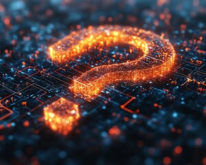 Poster - A vibrant 3D network illustration of a glowing question mark, with lines and nodes radiating outward, symbolizing inquiry and data flow