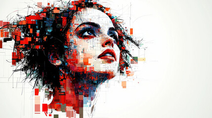 Aufkleber - artwork features stylized clown portrait created fragmented shapes and vibrant colors clean white background. energetic composition captivates contemporary art lovers.