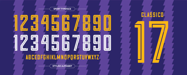 Classico 17: Sport lines number design. Jersey concept with good purple-blue color. Typography condensed Vector illustration