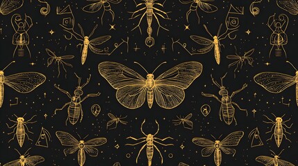 Poster - Golden Insects and Celestial Symbols on Black Background
