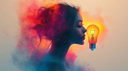 Aufkleber - female figure represented geometric design featuring light bulb place her head symbolizing bright ideas and innovation. composition uses sharp lines and vibrant colors.