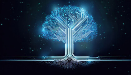 Poster - digital tree design with glowing branches and roots, symbolizing technology and nature connection
