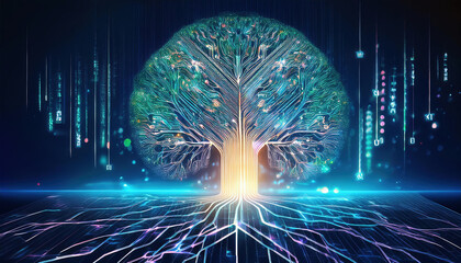 Poster - digital tree with glowing roots and branches symbolizes data and technology, showcasing vibrant conn
