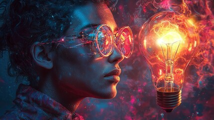 Fototapete - vibrant neon style illustration features man glowing light bulb head.