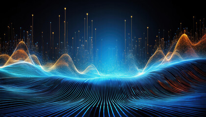 Poster - glowing digital wave with vibrant colors and data visualizations flowing gracefully