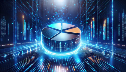 Poster - glowing pie chart surrounded by binary streams and holographic data, representing digital analytics and technology