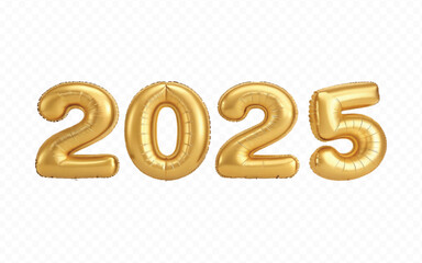Poster - abstract 3d 2025 text  made with different golden colour  hellium balloons isolated on white background
