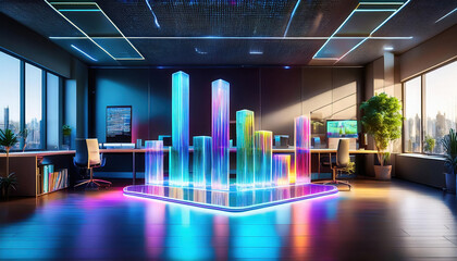 Poster - vibrant holographic bar chart glowing in modern office, showcasing data visualization with futuristic touch