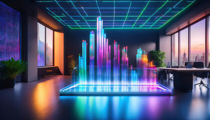 Poster - holographic bar chart glowing with vibrant colors in modern office, showcasing futuristic atmosphere and advanced technology