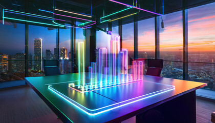 Poster - holographic bar chart glowing with vibrant colors in modern office, showcasing stunning city view at sunset