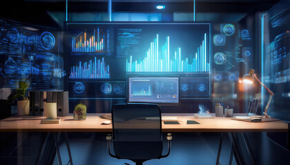 Poster - modern workspace featuring glowing charts and graphs above minimalist desk, creating inspiring atmosphere for productivity and innovation